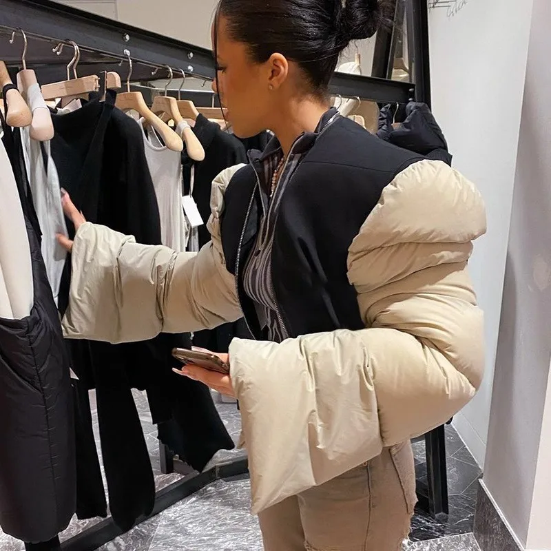 Down Cotton Jacket Patchwork Down Puffer Coat Women Jacket Extra Long Sleves Warm Bubble Christmas Cropped Outerwear Lady Outfit