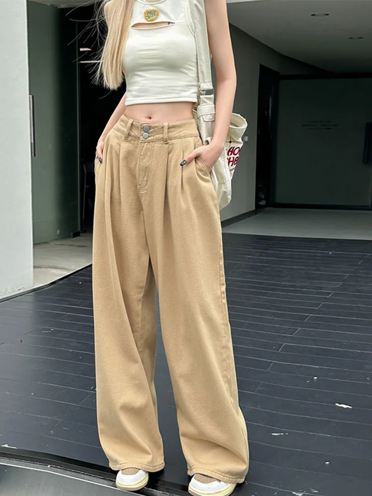 

Новые женские джинсы с высокой талией свободного кроя, рандомные брюки цвета хаки в стиле бойфренда, дизайнерская уличная одежда, тренд Ulzzang для студентов