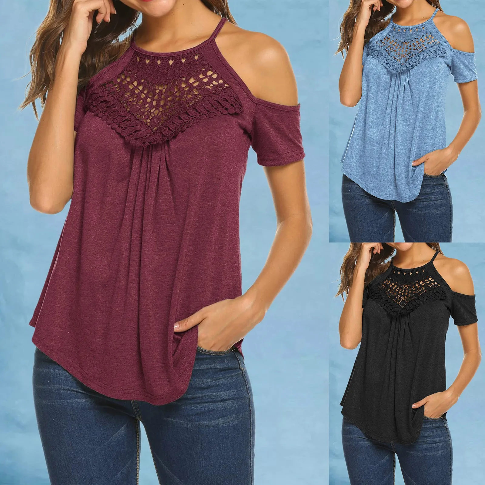 

2023 Spring Fashion Women's Casual Offshoulder Round Neck Solid Color Short Sleeve Top Women Shirt Long Sleeve Tops for Women