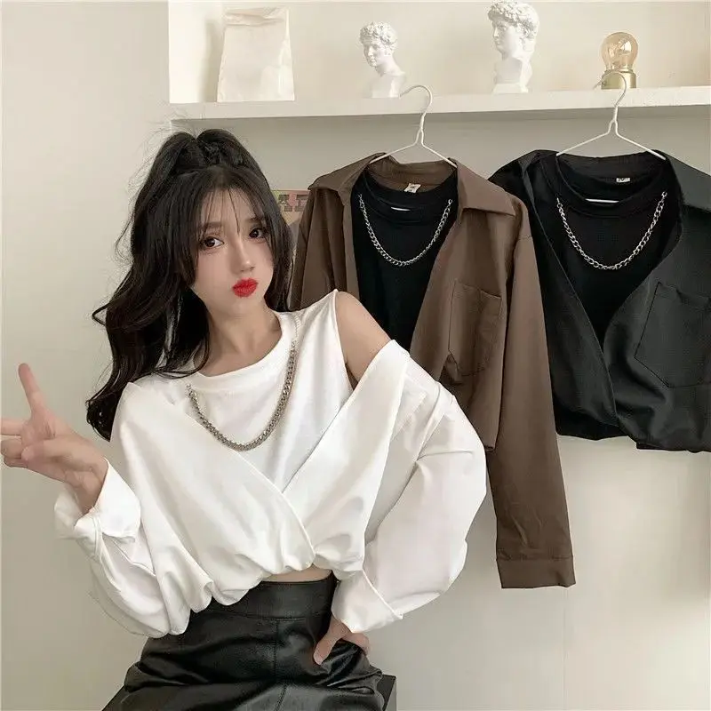 

Blouses White Shirts Tops Women Baggy Off Shoulder Temper Camisa Pure Fake Two Piece Hotsweet Korean Fashion Clothing Spliced