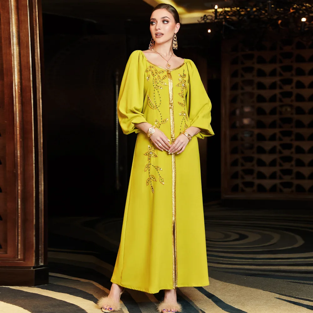 Women's Spring and Summer Muslim New Handmade Diamond Rice Beads Gold Ribbon Luxurious Slim Women's Slim Dress