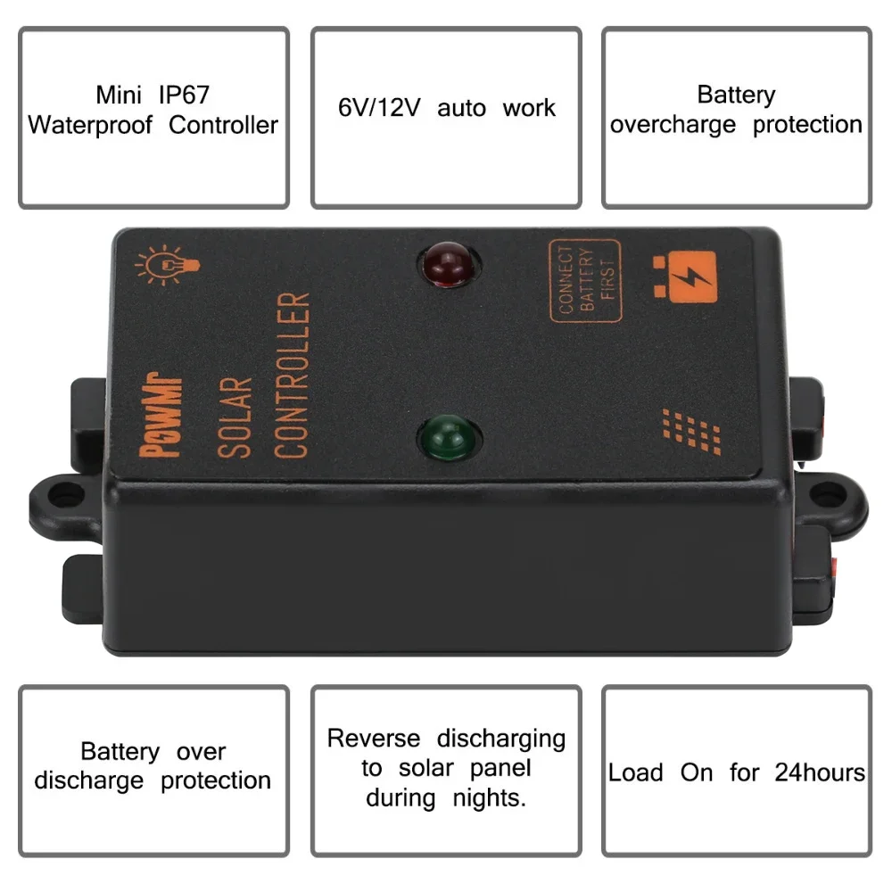PowMr PWM 5A 12V Мини-солнечный контроллер IP67 Водонепроницаемый мини-контроллер заряда