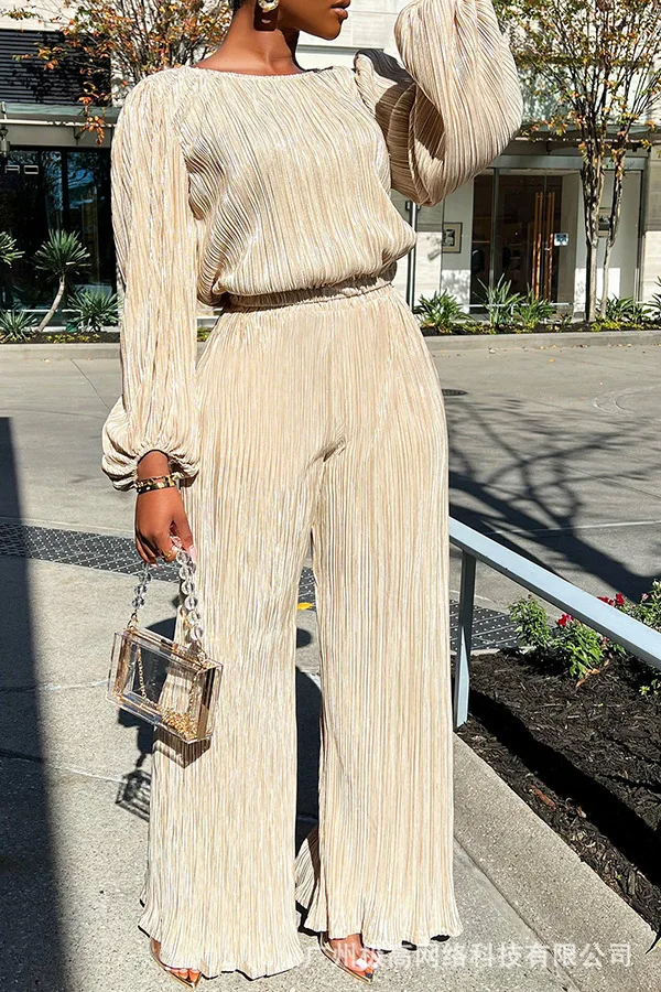 

Solid Color Elastic Fashion Casual Tops High Waist Women 2pcs Clothes Suit Long Sleeve Top & Wide Leg Pants Set Loose Pants