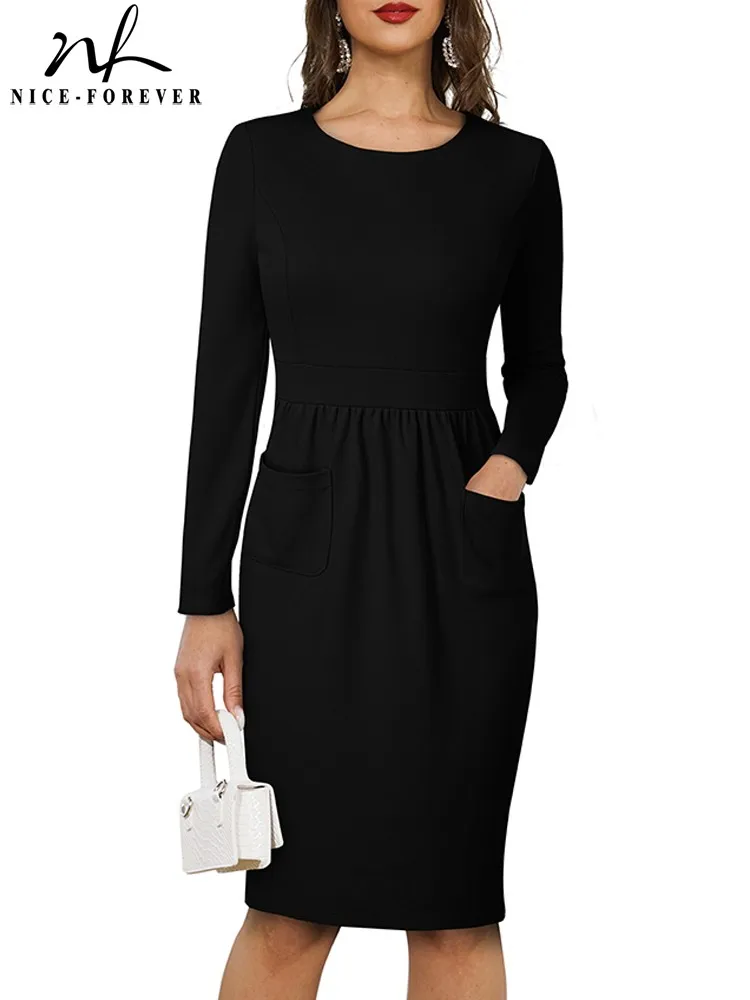 

Nice-Forever Winter Women Classy Solid Black Color Long Sleeve Dresses Business Work Office Elegant Bodycon Dress B782