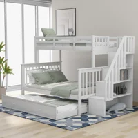 Home Modern Minimalist Wooden Bedroom Furniture Beds Frames Bases Stairway Bunk Bed Twin Size Trundle Storage Guard Rail White