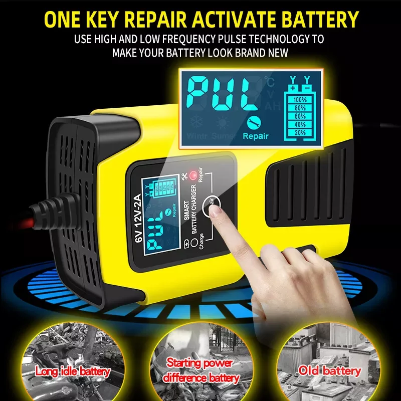 

Automatic Motorcycle Battery Charger 6V 12V 2A Digital Display Battery Charger Power Pulse Repair Charging Lead Acid