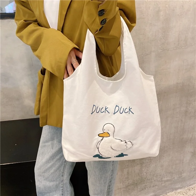 

Cute Cartoon Duck Print Underarm Tote Bag Female Student Larger Capacity Casual Canvas Shoulder Bags for Girls