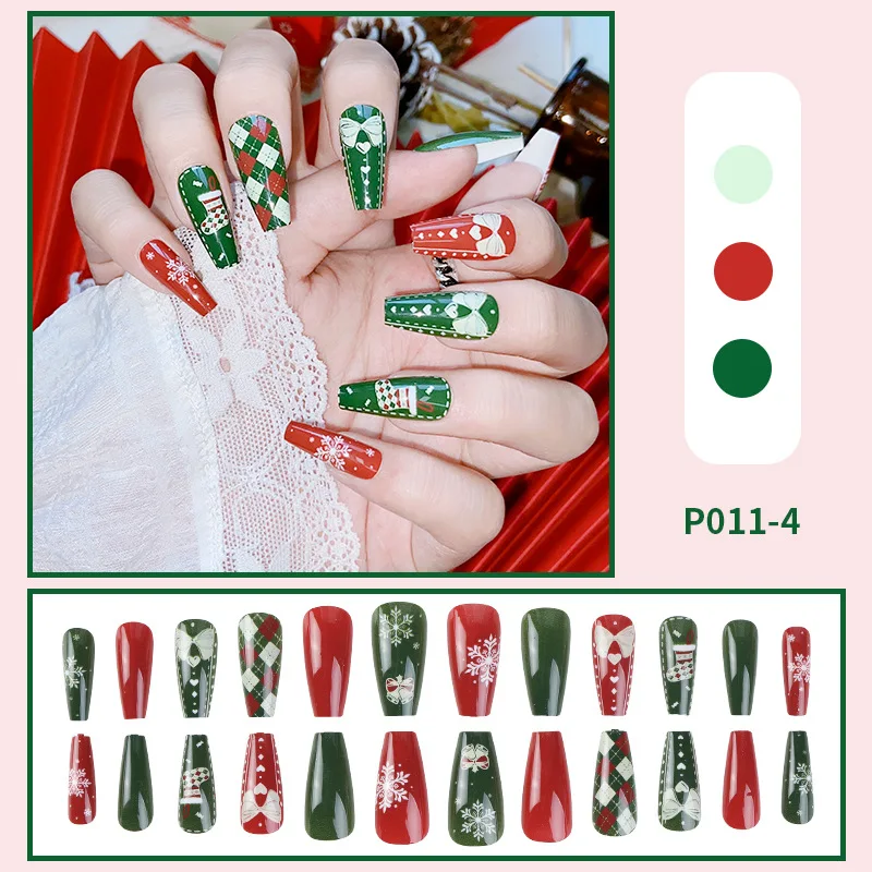 

Christmas Fake Nails Long Ballerina Coffin Full Cover Press on False Nail Plaid Snowflake Fake Nails New Year Hand Manicure Tips