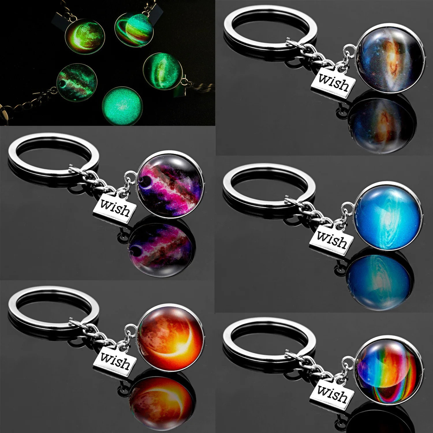 

Hot Selling Fashionable New Galaxy Planet Keychain Personality Luminous Letter Wish Double-sided Glass Ball Keychain Pendant