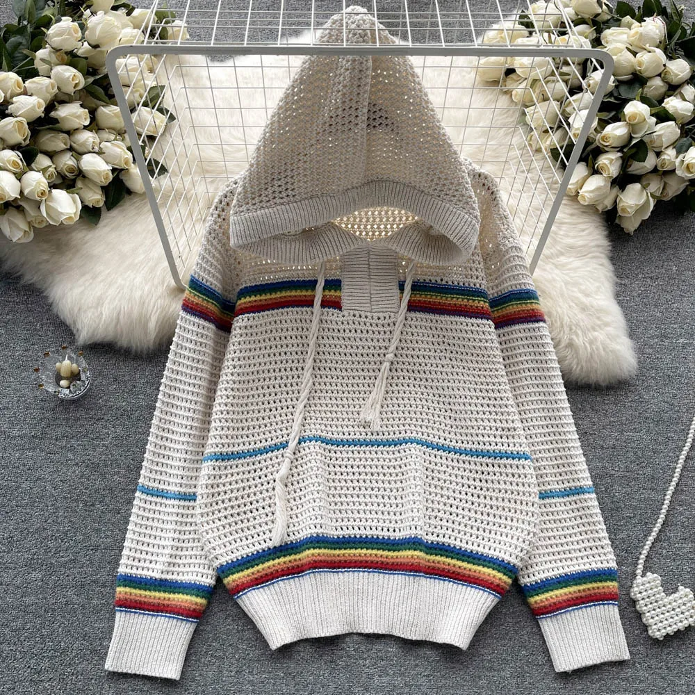 

New Korean Version of the Rainbow Stripes Design Hooded Loose Pullover Hollow Knit Sweater