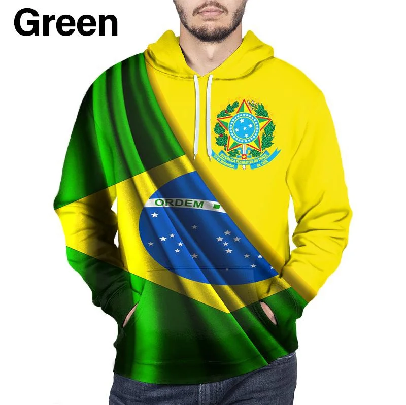 Brazil Flag 3d Print Hoodie for Men and Women Casual Round Neck Long Sleeve Sports Hoodies