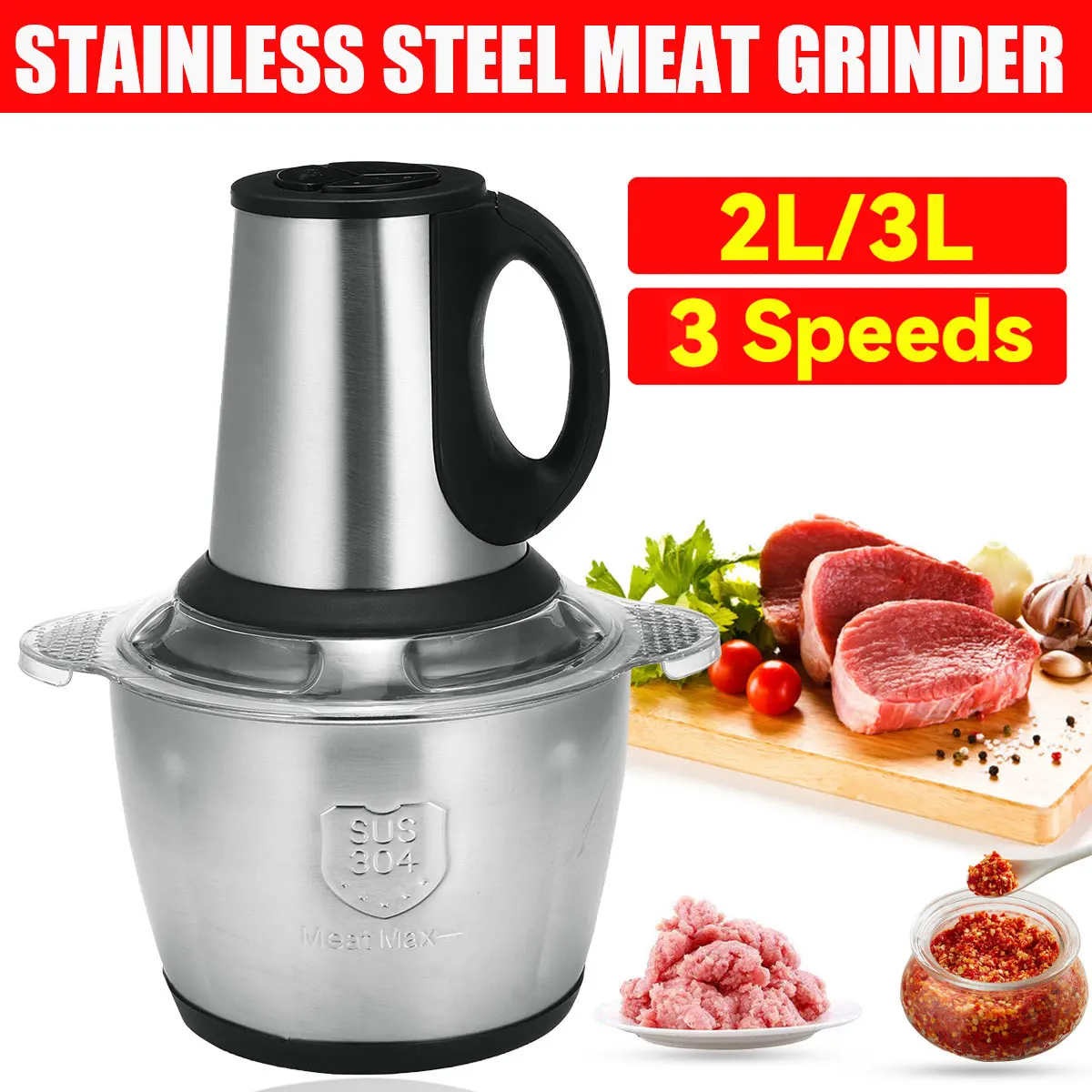 

3 Speeds 3L 2L Electric Chopper Meat Grinder Stainless Steel Mincer Food Processor Kitchen Slicer Egg Beater Garlic Vegetable