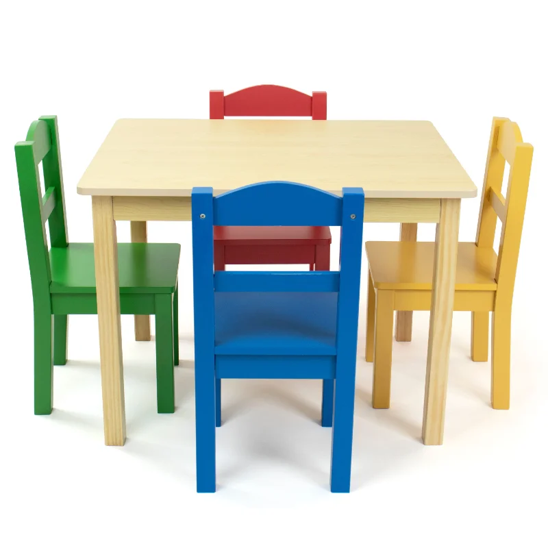 

BOUSSAC Primary Kids Wood Table And 4 Chairs Set, Natural Wood/Primary