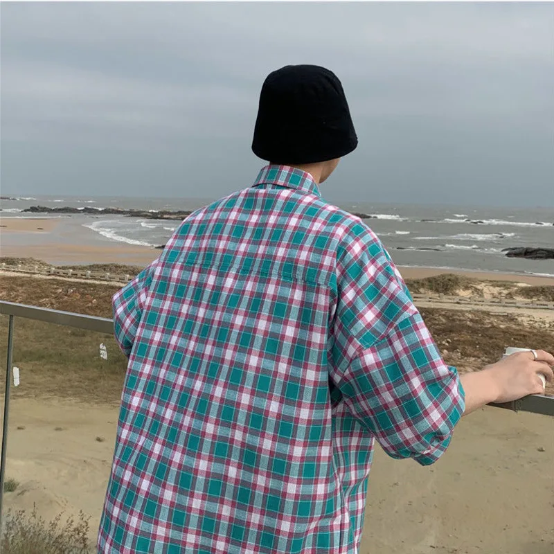 Summer 3 Color Short Sleeve Shirt Men Fashion Retro Plaid Shirt Mens Japanese Streetwear Pocket Loose Casual Shirt Men M-2XL