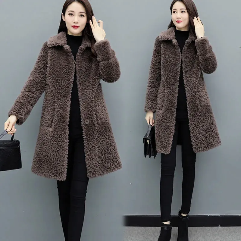 

Fashion Sheep Shearing Particle Cashmere Mink Imitation Fur Coat Female 2022 New Autumn Winter Fur One-Piece Women Overcoat