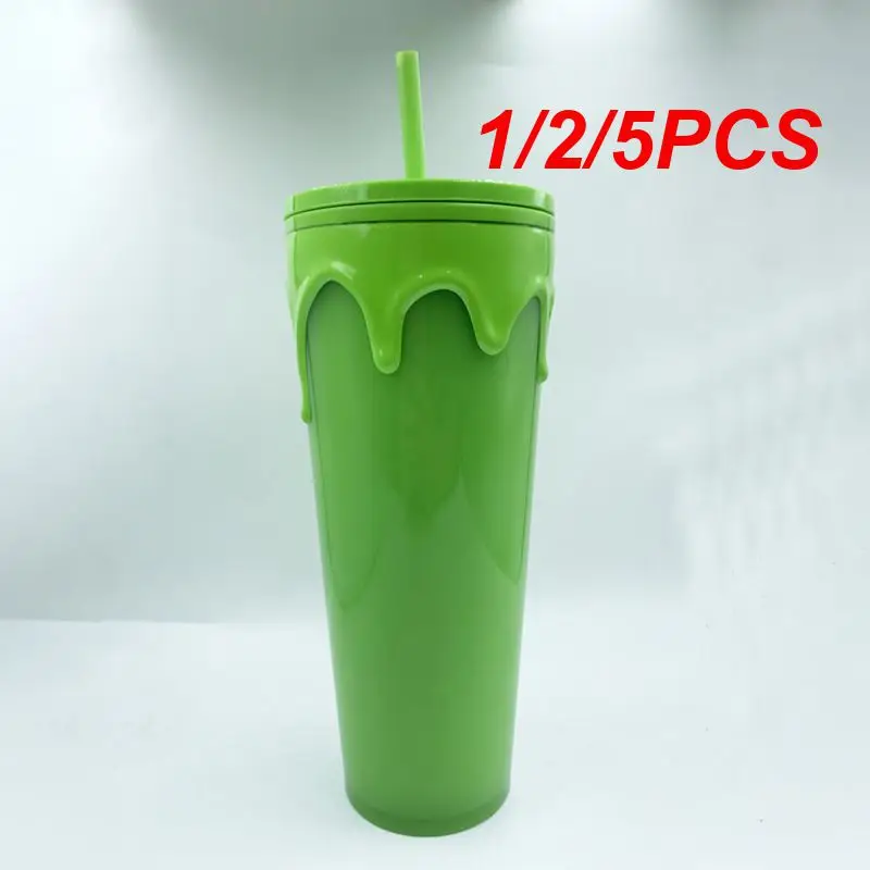

1/2/5PCS Fluorescent Green Straw Cup High Capacity Fluorescent Green Double Layer 710ml Plastic Household Products