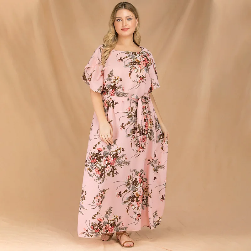 Chiffon Plus Size Dresses Summer Round Neck Flared Sleeves Floral Women Clothing Ruffled Waist Trimming Print Large Swing Skirts