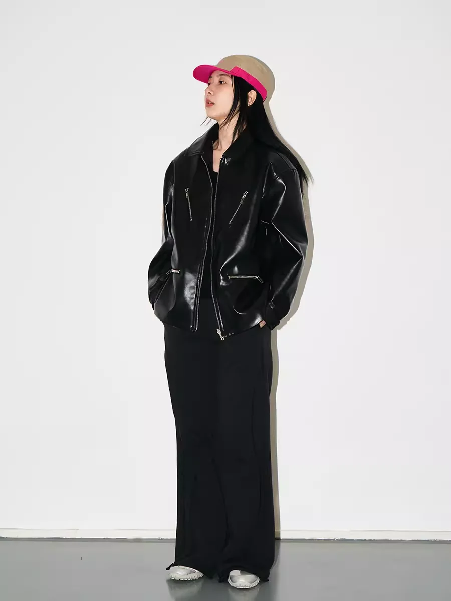 Gmetryart Basic Leisure Больше чем мотоциклетное лакированное кожаное пальто на молнии