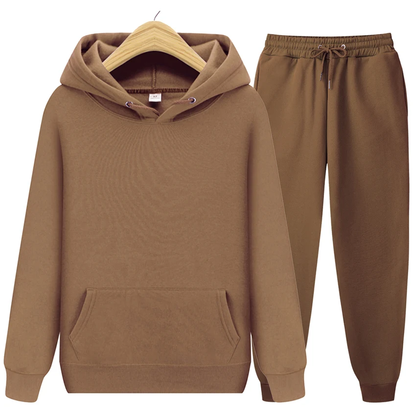 

2022 men's and women's Sweater Hoodie casual solid color thick Pullover and trousers 2-piece set of autumn wool jogging clothes
