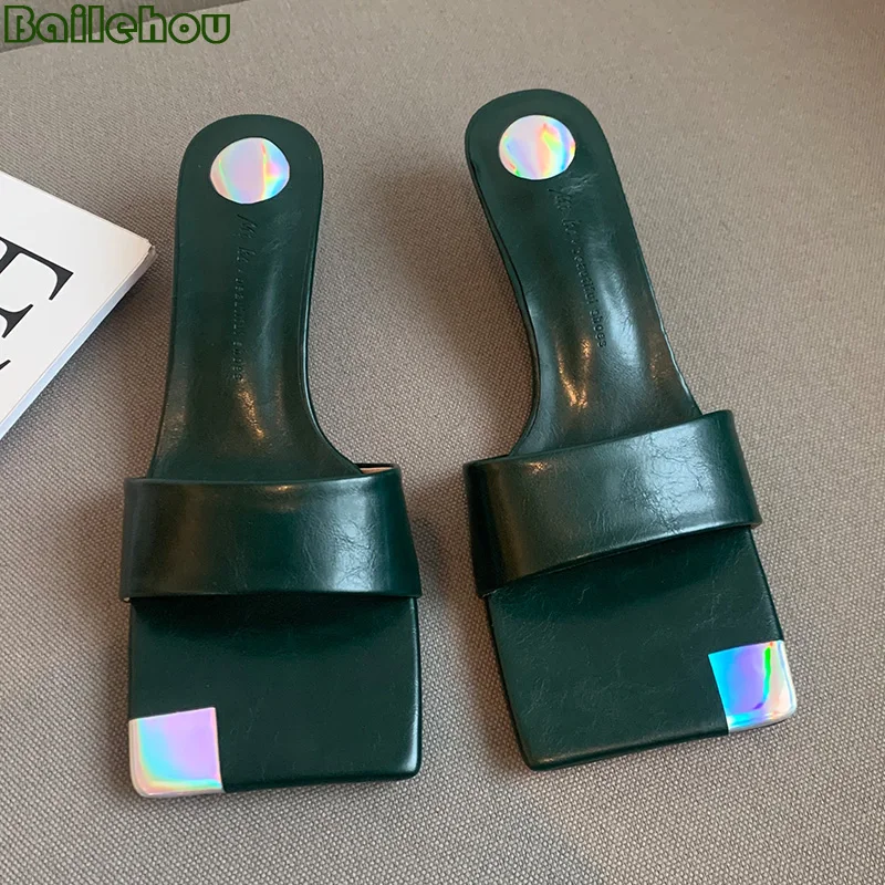 

Ladies Thin High Heels Rubber Slippers 2022 New Fashion Women Pumps Shoes For Women Sandals Green Peep Toe Female Slides