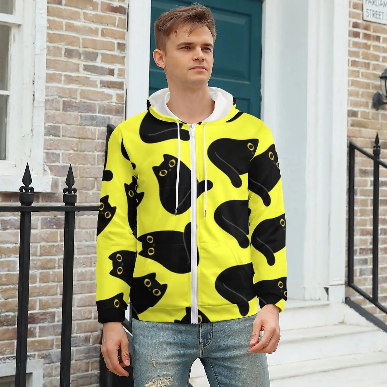 

Cute Black Cat Hoodies Meow Animal Print Autumn Polyester Hoodie Cool Zip Up Hoodie Men Plus Size