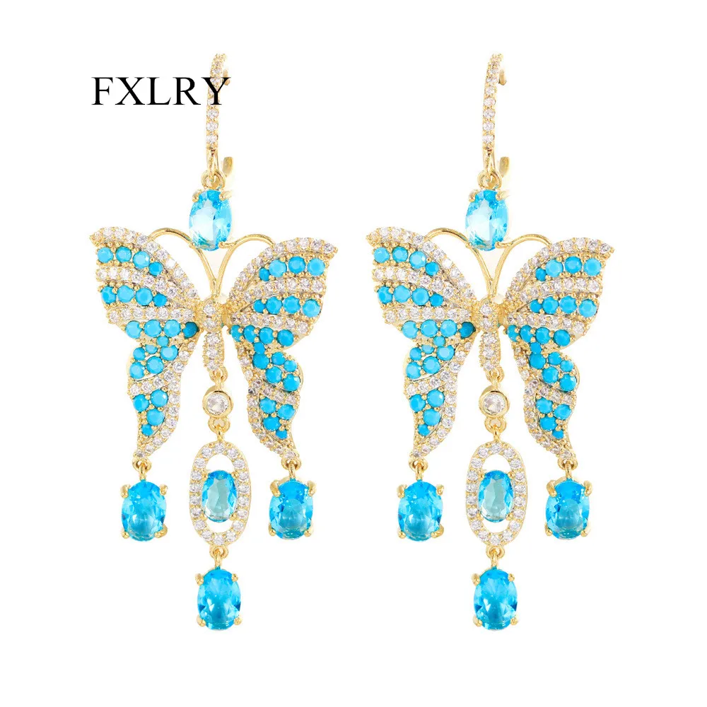 

FXLRY Роскошные светло-голубые серьги с фианитом, большие длинные висячие серьги-бабочки для женщин, ювелирные изделия вечерние Ринок