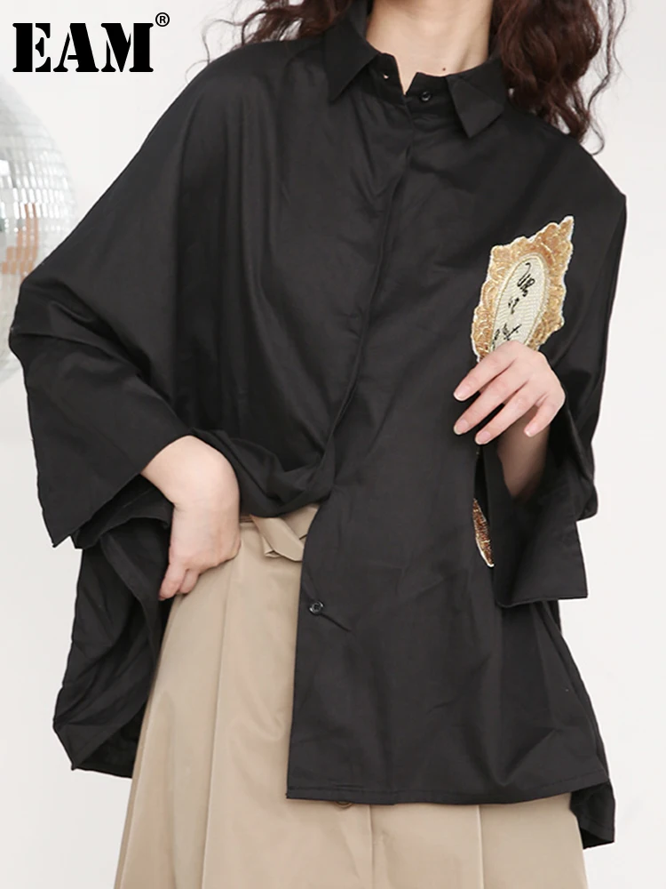 

[EAM] Women Black Pattern Casual Big Size Blouse New Lapel Long Sleeve Loose Fit Shirt Fashion Tide Spring Autumn 2022 T384