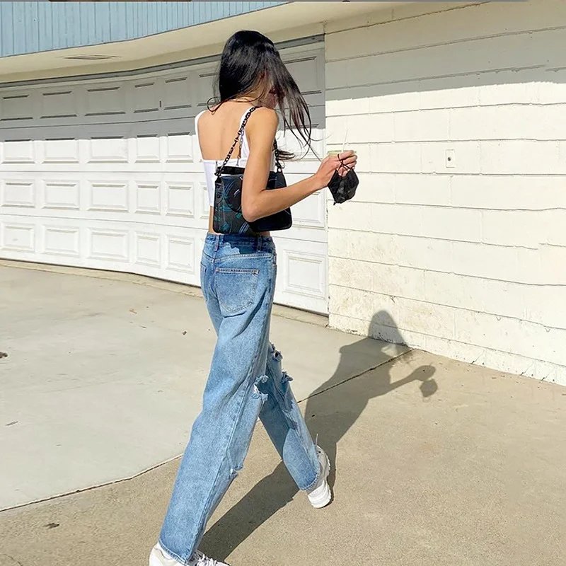 Fashion Hole Denim Trousers Loose Casual Jeans Women High Waist Wide Leg Vintage Straight Blue Pants Harajuku Light Streetwear