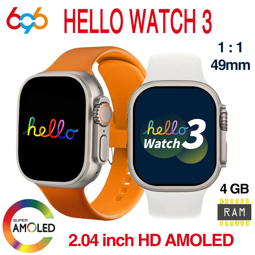 

Смарт-часы Hello Watch 3 с AMOLED экраном 2,04 дюйма, ультра серии 8, 49 мм, компас, 4 Гб памяти, пульсометр, электронная книга, мужские и женские Смарт-часы