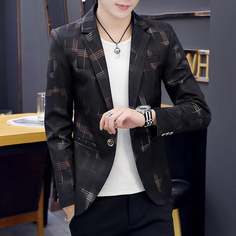 

2022 new jacket small suit men's youth slim casual handsome plaid print top men slim suit jacket fit fashion