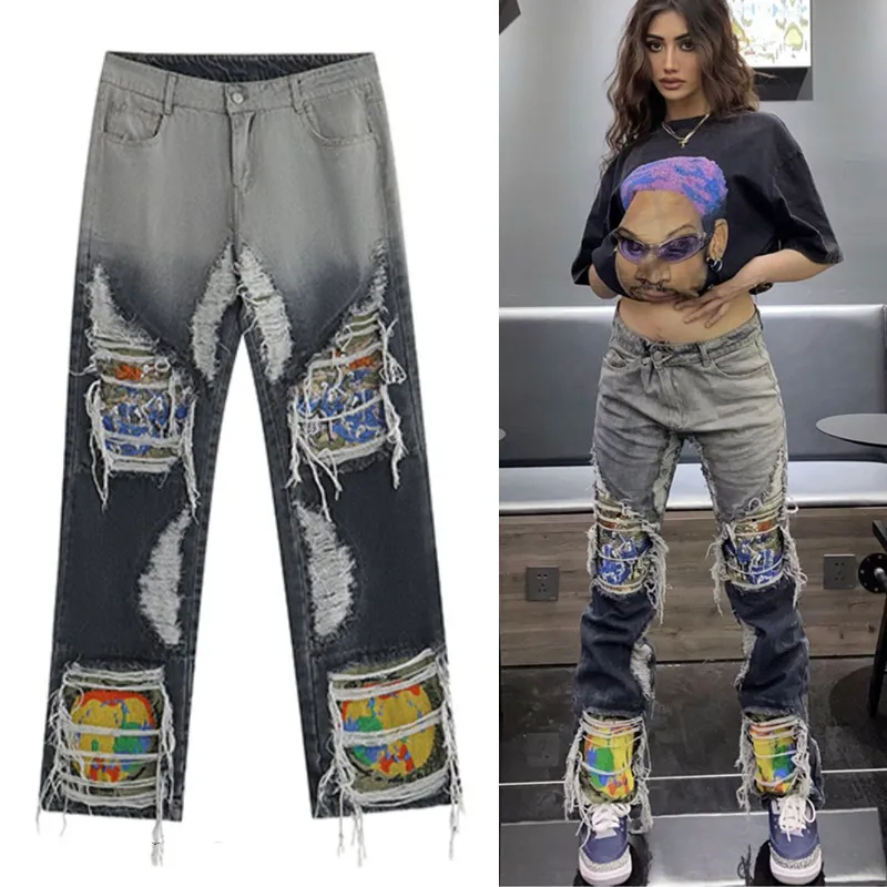Fashion Streetwear Mens Washed Knife Cut Damaged Patch Ripped Jeans Stitching Men's and Women's Straight Loose Wide Leg Pant