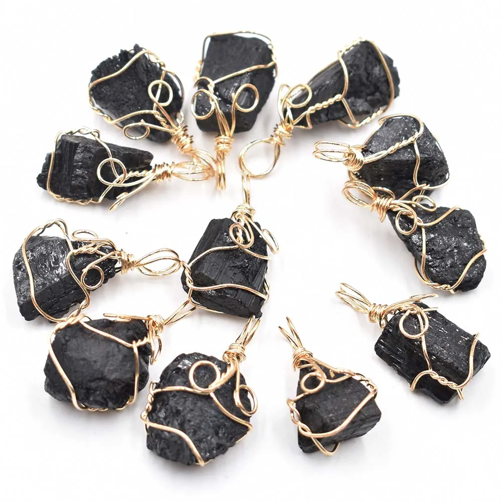 

Fashion good quality natural black tourmaline stone gold color Wire Wrappe irregular shape pendants for jewelry making 12pcs