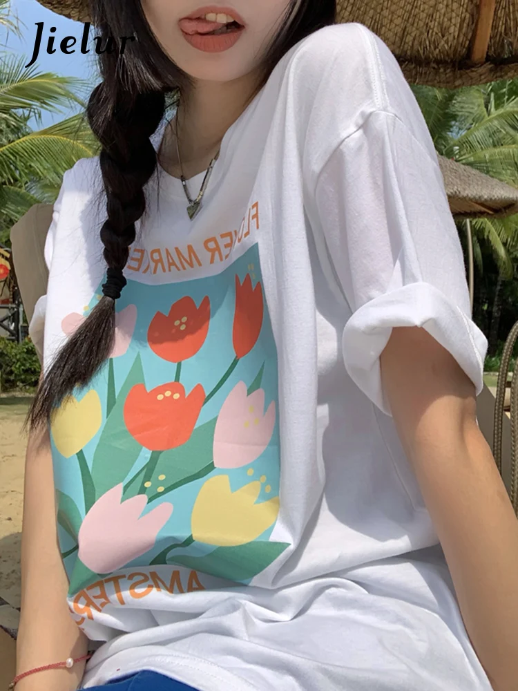 

Jielur Basic Floral Printed Women's T-shirts Summer Korean Fashion Female T-Shirt White Black Short Sleeve Loose BF Harajuku Top