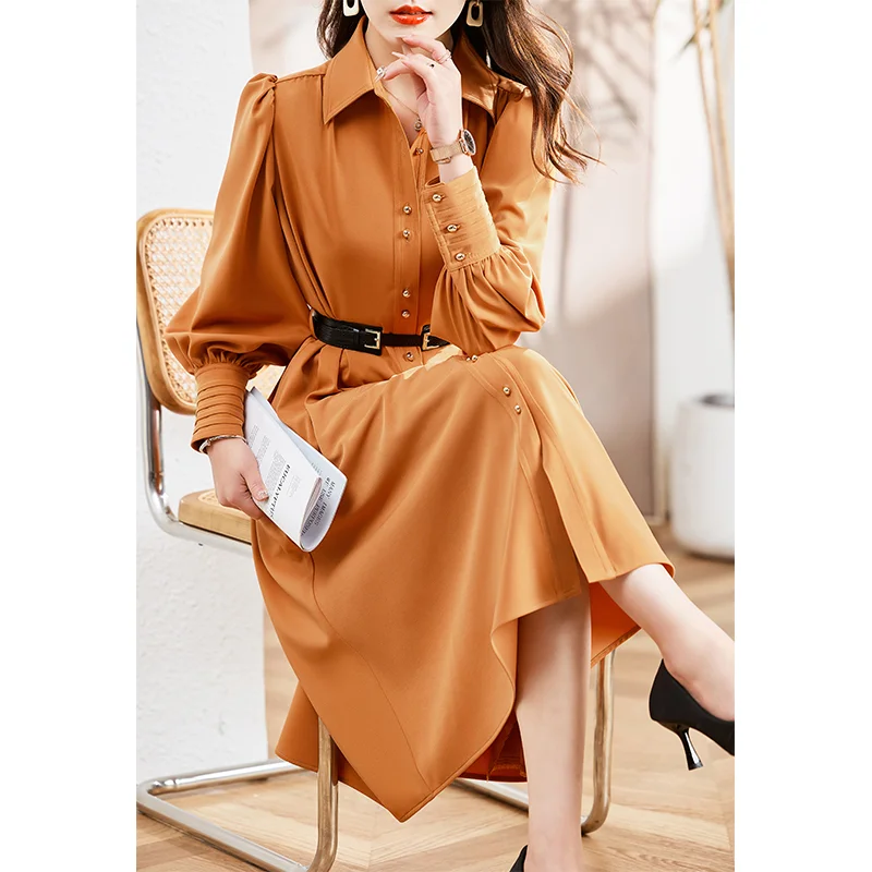 

New Summer Style Women Dress Long Sleeve Polyester Fiber Solid Color Easy Belt Casual Fashion