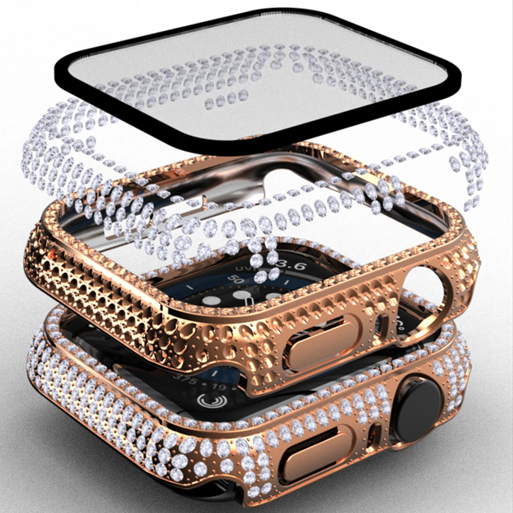 Full Diamond Protective Cover for Apple Watch 8 7 41mm 45mm Accessories Diamond Screen Protector Tempered Glass for Iwatch 8 7