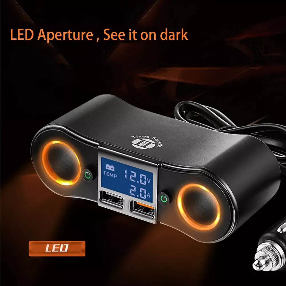 

12V DC Car Cigarette Lighter Adapter 2 Way Double Plug Socket Dual USB LCD Car Charger Splitter Voltage Monitor