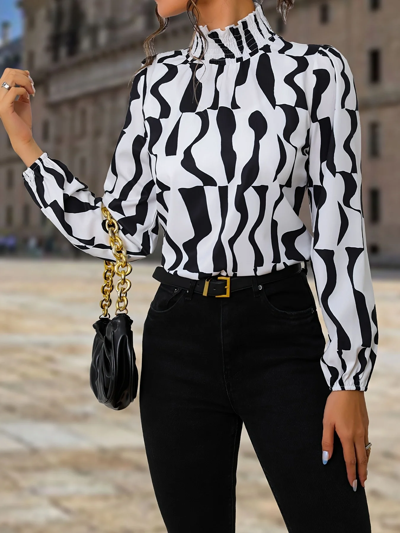 Новая черная рубашка с длинным рукавом принтом зебры элегантная женская
