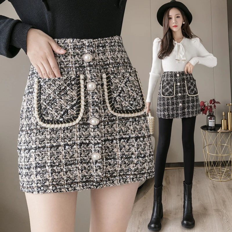 

Autumn Pliad Tweed Skirts Women Vintage Elegant Korean Pencil Skirt Slim Bodycorn Shorts Skirt Pockets Pearls Buttons Harajuku
