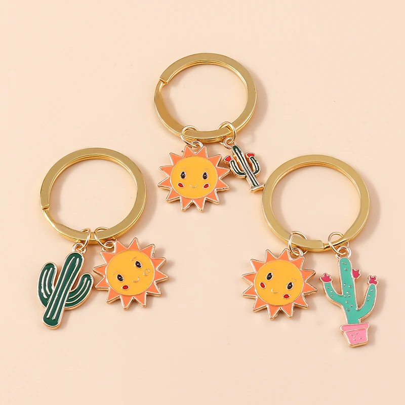 

Lovely Enamel Cactus Keychain for Women Girl SunflowerKey Ring Pendants Car Key Holder Handbag Decor Jewelry Gifts