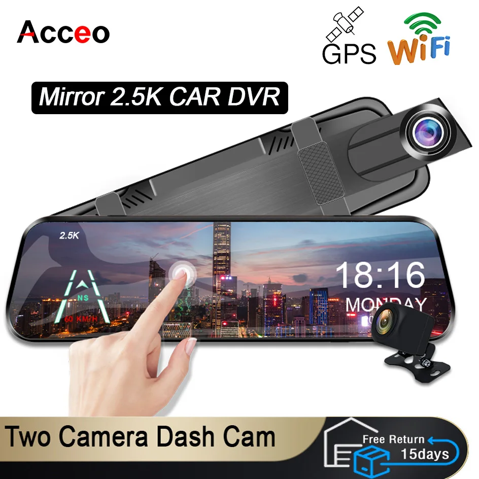 

Acceo 1440P Car DVR Touch Screen Video Recorder Dual Lens Mirror Camera Dash Cam Car Black Box Support GPS Wifi 24H Parking View