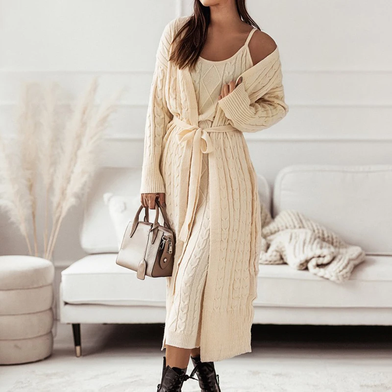 

Женский элегантный вязаный комплект из двух предметов, модный свободный свитер, кардиган и вязаное платье, Женский темпераментный однотонн...