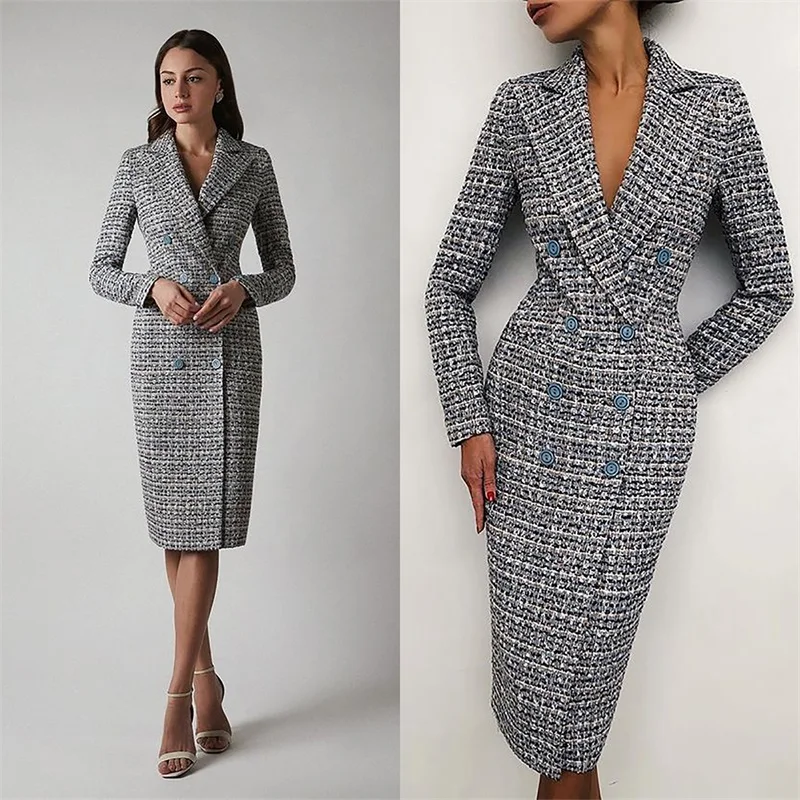 Designer Women Overcoat Long Jacket Custom Made Fall Winter Tweed Double Breasted Blazer Trench Coat Tea Length Office Lady Wear