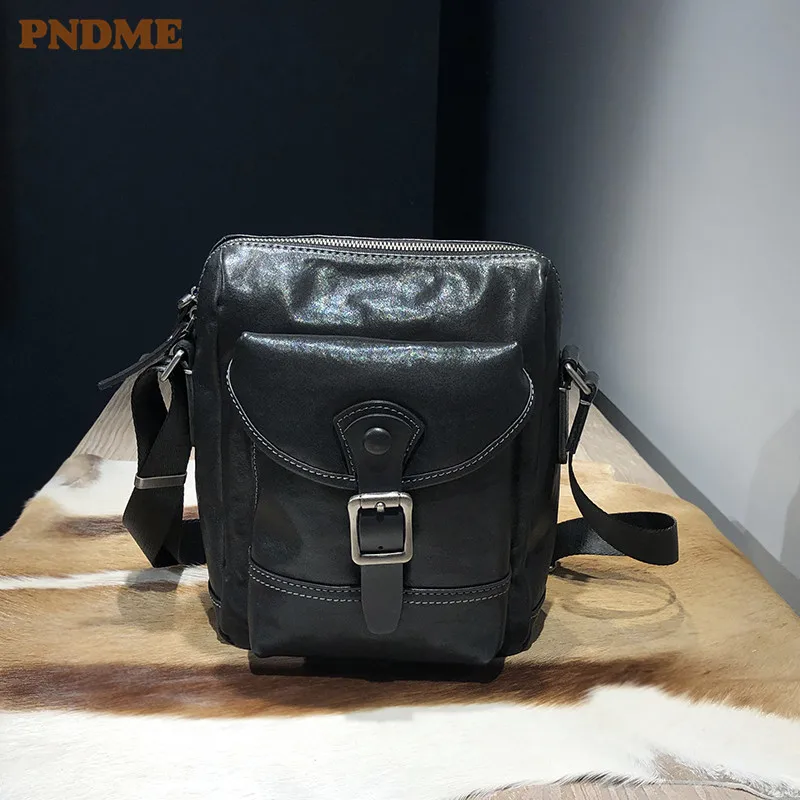 PNDME simple casual high quality soft cowhide men's mobile phone bag daily outdoor work genuine leather shoulder crossbody bag