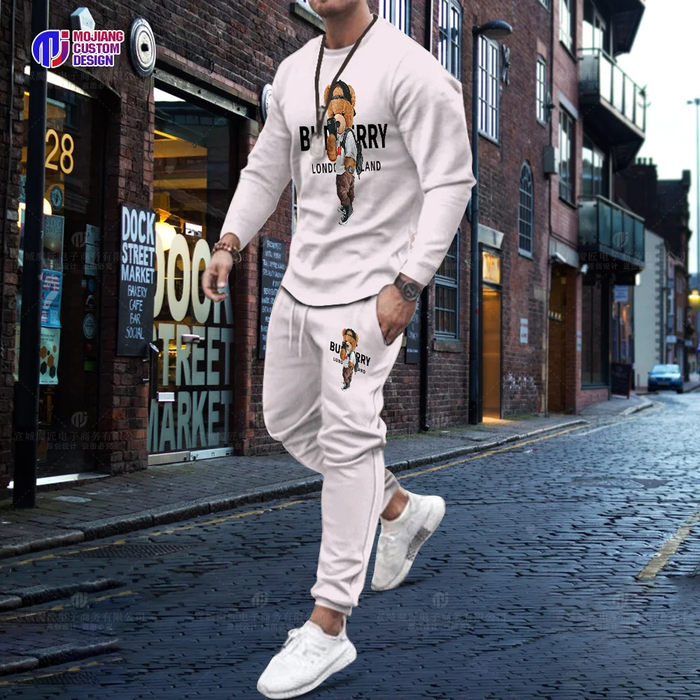 Hot Selling Korean Cotton Bear Long Sleeve T-Shirt Trousers Set Men Luxury 2 Piece Set Streetwear Summer Quality Sportswear