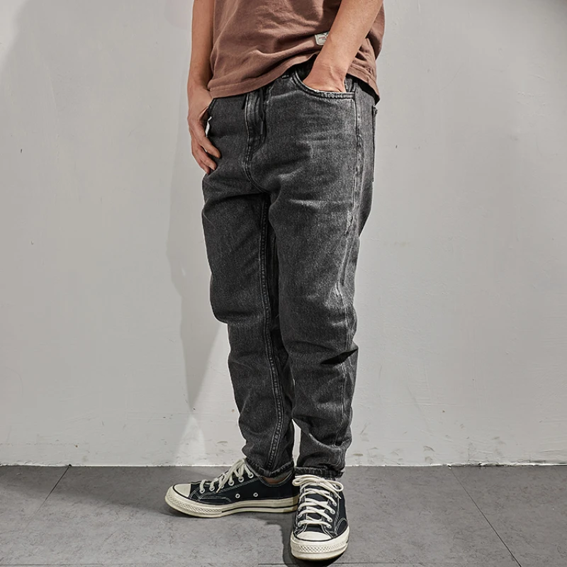 Spring and summer new style American retro made old grey jeans men's fashion brand slim fit casual small foot long pants