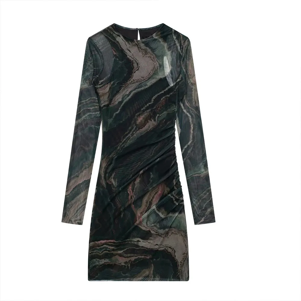 

Женское шелковое платье с принтом и длинным рукавом, осень 2022