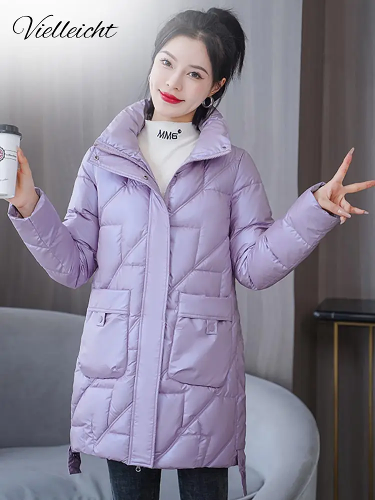 Vielleicht 2022 New Cotton Padded Parkas Stand Collar Shiny Down Winter Jacket Women Thick Warm Coat Female Clothing Outerwear