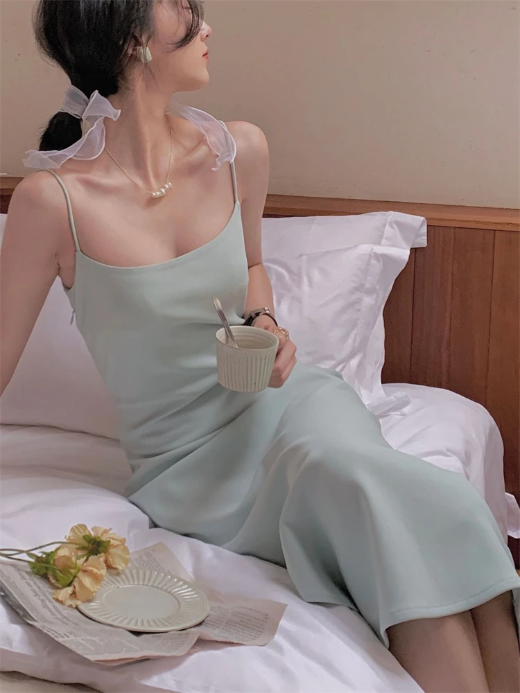 

Summer New Women Spaghetti Strap Party Dress Sleeveless Sexy Bodycon Split Solid Slim Lady Midi Fashion White Dresses