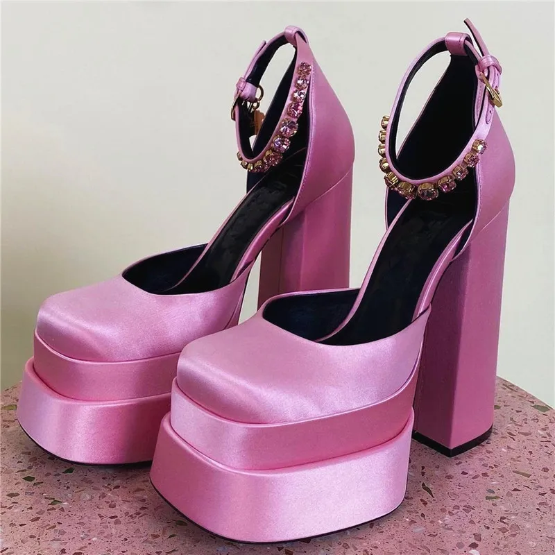 

Luxury Brand Woman Platform Shoes Crystal Ankle Buckle Chunky Heels Designer Shoes High Heels Women Pumps Sexy Ladies Demonia