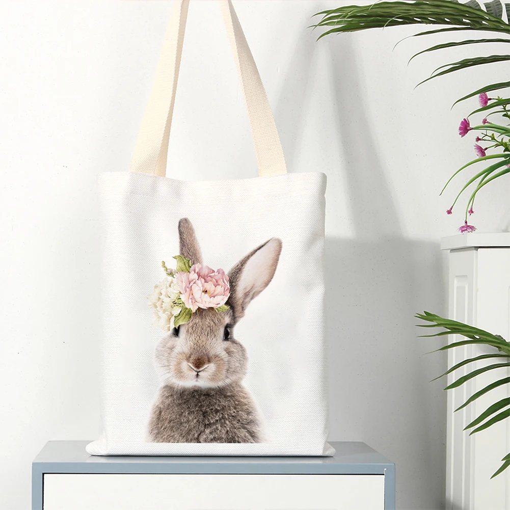 

Women Canvas Rabbit Flower Easter Pattern Shoulder Bag Tote Books Shopping School Bag New Fashion Large Capacity Bag For Girls